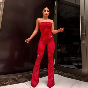 Women Jumpsuit Strapless Tube Top Glitter Rhinestone Wide Leg Flare Pants High Waist Sexy Party Evening Clothing
