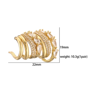 Gold plated multi-layered C-shaped ear cuffs with micro-paved cubic zirconia stones
