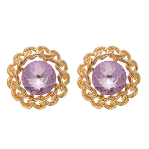 Vintage gold chain-link earrings with round purple crystals on a white background