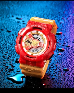 Macro shot of red and yellow sport watch with water splashes highlighting 200M waterproof