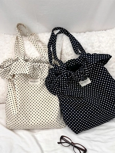 Polka Dot Canvas Tote Bag Ruffle Edge Large Capacity Handbag For Women Student Commute Daily Casual