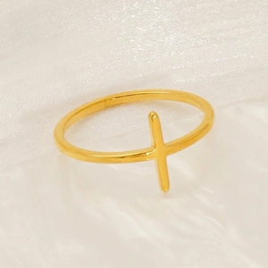 Minimalist Cross Ring 18K Gold Plated Stainless Steel Adjustable Thin Band Geometric Finger Jewelry For Women