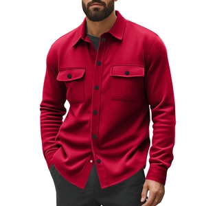 Detail of red fleece-lined jacket featuring double chest pockets and buttoned collar
