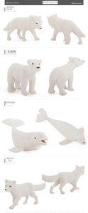 Detailed close-up of 6 piece arctic animal model set including polar bear and husky