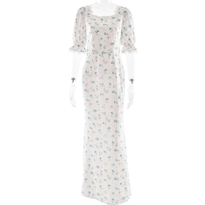 French square neck white floral midi dress with puff sleeves and lace trim detail