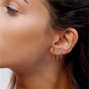 S925 silver gold floral moon star tassel earrings set with colorful zircon on model