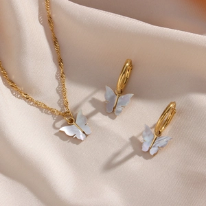 Stainless Steel Butterfly Pendant Necklace Earrings Jewelry Set For Women White Shell Inlay Gold Fashion Accessories