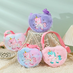 Kids Heart Shaped Plush Crossbody Bag Cartoon Unicorn Embroidery Cute Shoulder Purse Kindergarten Gift For Girls