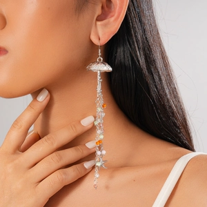 Detail of silver jellyfish earring with colorful beads and starfish charms on a model