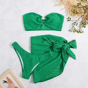 Three-piece emerald green bikini set with bandeau top, briefs and hollow mesh sarong