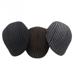 Three-piece set of men's striped tweed newsboy caps in dark grey, coffee, and light grey