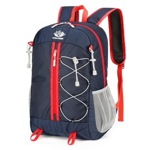 Outdoor multifunctional travel backpack in navy blue and red with breathable mesh pockets