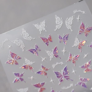 Golden butterfly nail stickers with laser purple and white lace relief patterns