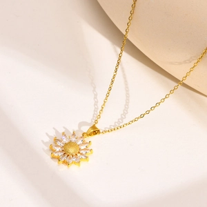 Elegant gold titanium steel sunflower pendant necklace with sparkling white zircons