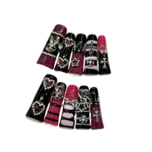 Long duckbill press-on nails set with 3D metal rabbit, cross, and heart rhinestones
