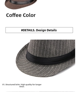 Macro detail of men's wool fedora hat showing striped fabric texture and firm brim
