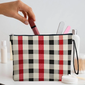 Stylish checkered makeup bag for women featuring red and grey patterns with zipper closure