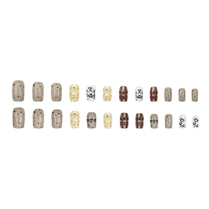 Short square press-on nails with cartoon dog doodles and plaid patterns in 24 piece set