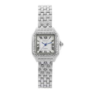 Women's silver square quartz watch with diamond bezel and roman numeral dial face