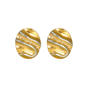 18K gold plated stainless steel textured oval stud earrings with white pearl accents