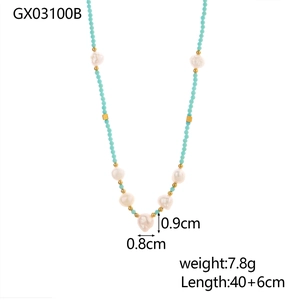 Detail view of colorful beaded necklace showing dimensions and 0.9cm natural pearls