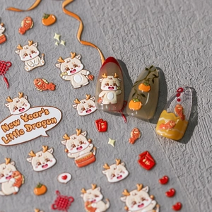 3D New Year nail stickers featuring cartoon dragons, koi fish and gold foil patterns