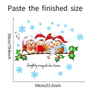 Detailed dimensions of Christmas tree branch wall sticker with birds and snow motif