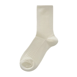 Minimalist creamy white ribbed knit mid-calf crew socks with soft cotton texture