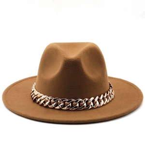 Detail of caramel wool fedora hat with a wide brim and decorative gold chain band