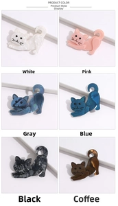 Six colors of acrylic cat brooches with pearlescent texture shown in a grid layout