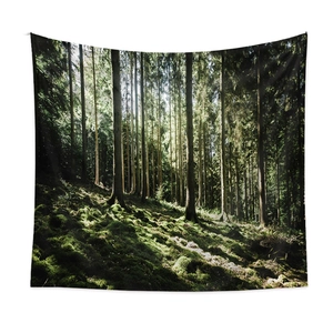 Bohemian forest tapestry with lush moss and sunlight for wall decor in polyester fabric