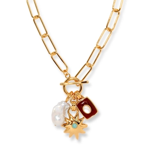 Gold paperclip chain necklace with baroque pearl, star charm and red enamel pendant