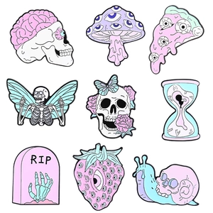 9pcs Gothic Pastel Enamel Pin Set featuring skulls mushrooms and surreal strawberries