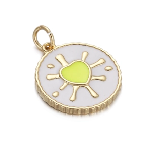 Detailed close-up of a circular gold pendant with white enamel and a yellow heart sunburst