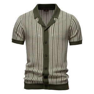 Detail of olive green and beige striped knit polo shirt with button-up collar and fine texture