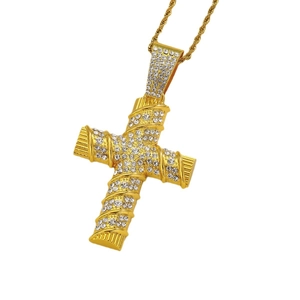 Hip hop style gold cross pendant necklace with sparkling crystals and rope chain link