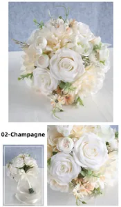 Detail of bridal bouquet with champagne dahlias, white roses and silk ribbon bow