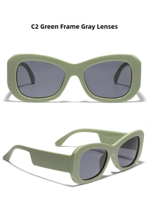 Detailed front and side views of oversized sage green frames with dark grey lenses