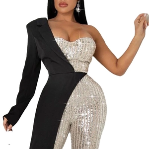 Women's silver sequin one-shoulder jumpsuit with black long sleeve asymmetric design