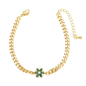 Gold plated flower pendant bracelet with green and white zircon on Cuban chain links