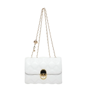 White quilted crossbody bag with gold chain strap and metal ball charm detail
