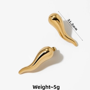 Detailed view of gold chili pepper drop earrings measuring 31.3mm and weighing 5g