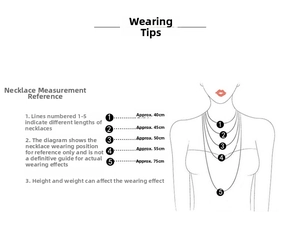 Detailed size guide showing necklace length measurement from 40cm to 75cm on human neck
