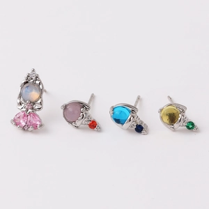 Set of 4 silver 925 needle earrings with colorful geometric micro-inset zircon stones