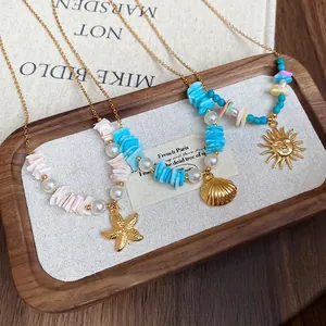 Starfish shell and pearl pendant necklaces with gold chains for summer beach vacation style