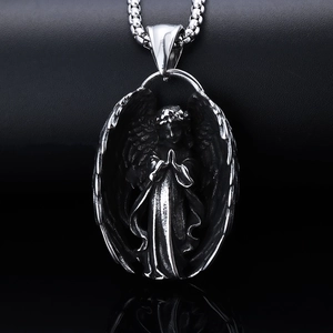 Gothic angel prayer pendant necklace in polished stainless steel on black leather background