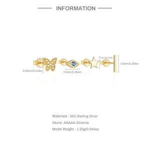 Detailed spec sheet for 925 sterling silver gold stud earrings with AAAAA zircon stones