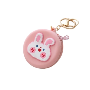 Pink round silicone coin purse with cartoon rabbit design and gold keychain clip