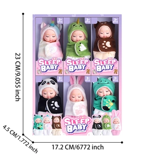6PCS realistic sleeping baby doll set in plush animal outfits with packaging dimensions