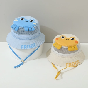 Detail of mesh breathable side panels and adjustable chin strap on cute frog sun hats